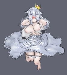 1boy 1girls blush boosette breast_grab breasts clothing covering_eyes crown dress embarrassed female female_focus ghost ghost_girl gijun gloves humanoid luigi luigi's_mansion male mario_(series) nintendo panties panties_around_legs squeezing_breast unseen_male_face voluptuous voluptuous_female white_dress white_gloves white_hair