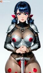 1female 1girls ai_generated armor armored_female big_breasts blue_eyes blue_hair chloenette69 disney disney_channel eyebrows eyelashes eyeliner eyeshadow ladybug_(character) large_ass large_breasts long_hair looking_at_viewer marinette_cheng marinette_dupain-cheng miraculous:_tales_of_ladybug_and_cat_noir miraculous_ladybug skyrim solo_female solo_focus sword thick_thighs twintails wide_hips