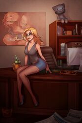 animated ass blonde_hair blue_eyes blue_nails books breasts business_woman cleavage desk dress_shirt female glasses high_heels large_breasts long_hair miniskirt nail_polish navel ninjakitty nipples nude office office_lady pencil_skirt secretary sitting skirt solo undressing