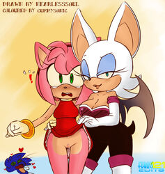 1boy 2girls amy_rose blue_eyes blue_fur blue_hair blush cameltoe clitoris cummysonic cyan_eyes dress dress_lift dress_pull embarrassed female foboss121 furry green_eyes hearlesssoul hedgehog male mammal multiple_girls no_panties pink_fur pink_hair pussy rouge_the_bat sega sonic_(series) sonic_the_hedgehog white_fur white_hair