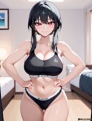 1girls ai_generated black_hair blacked blacked_clothing female female_only house light-skinned_female red_eyes smile smiling spy_x_family yor_briar yor_forger