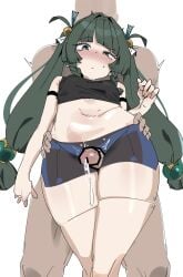 1boy absurdres arm_strap bar_censor black_shorts black_tank_top blue_shorts blush breasts censored female green_eyes green_hair hands_on_another's_hips highres long_hair midriff navel nose_blush ocha_(popopogg) penis precum qingyi_(zenless_zone_zero) shorts simple_background small_breasts solo_focus straight tank_top thigh_sex twintails two-tone_shorts white_background zenless_zone_zero