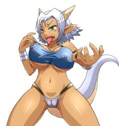 aroused dragon dragon_girl erect_nipples erect_nipples_under_clothes fanart fanatail fangs_bared grizela holding_clothing holding_object horns long_tail m.u.g.e.n monster monster_girl nails oc open_mouth original original_character shiny_skin short_hair skimpy skimpy_clothes skimpy_outfit tail tan_body vagina vagina_outline white_background white_hair