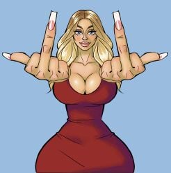 artist_request baddie big_breasts bimbo bimbo_body bimbofied blonde_female blonde_hair breasts long_nails middle_finger red_dress skintight skintight_dress unknown_artist