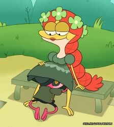 1girls accessory adullperson amphibia amphibia_(series) amphibian anthro anthro_focus anthrofied ass big_ass big_butt bubble_ass bubble_butt clothed clothing detailed_background disney disney_channel dress eating_pussy english_text felicia_sundew female flower flower_in_hair frog going_commando green_clothing green_dress hair hair_accessory heart humanoid_genitalia humanoid_hands lipstick long_hair makeup male narrowed_eyes onomatopoeia outdoors partially_clothed plant pussy red_hair reptile smile smooth_skin solo sprig_plantar text tree vagina very_long_hair yellow_skin