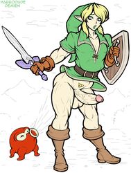 2015 alternate_version_available assisted_exposure balls bottomless clothing demien erection femboy full-length_portrait full_length girly habbodude half-dressed holding_weapon hylian link male male_bimbo male_only nintendo octorok penis portrait shield standing sword the_legend_of_zelda tunic weapon