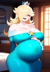 1girls ai_generated blonde_hair bunny_ears closed_eyes female female_focus hair_over_one_eye happy hips light-skinned_female long_hair mario_(series) mature_female nintendo pregnant pregnant_belly pregnant_female princess_rosalina smile smiling thick_thighs thighs wide_hips