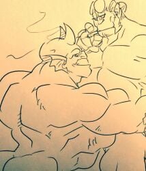 bara crossover dc dc_comics demon etrigan facial_hair hellboy hellboy_(series) male male_only monochrome muscles muscular nude sideburns staticlustdemons wuffinarts