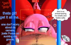 birdo_(character) bodily_fluids deep_throat english_text hi_res human humanoid intersex intersex/male male mammal mario mario_bros nintendo oral oral_penetration pantyking penetration sweat tears text