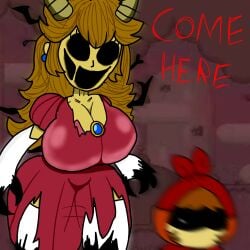 big_breasts birdy_(redbirdy) bitch blonde_hair breasts claws cleavage clothed clothed_female clothing coronation_day_(creepypasta) creepypasta demon demon_girl demon_horns earrings elbow_gloves empty_eyes entity female forest forest_background gloves horns horror huge_breasts long_hair mario_(series) nightmare_fuel nightmare_waifu nintendo no_eyes open_mouth peach.exe pink_dress possessed princess princess_peach princess_peach_(coronation_day) revealing_clothes ripped_clothing royalty smile smiling stockings super_mario_world teasing thick_thighs