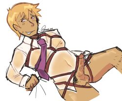 arataka_reigen blonde_hair bondage_gear hard_on mob_psycho_100 oiled_body one_boy one_man semi_nude solo solo_focus solo_male suit suit_and_tie tanned tanned_male tanned_skin wetsock24