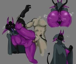 blush duo female horn imp_tail long_ears male male/female purple_body raised_leg shadowy_figure tongue tongue_out