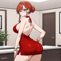 ai_generated ass breasts earrings female glasses pussy red_dress red_hair room thong wife zadbhell