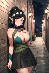 ai_generated bare_shoulders black_hair blush cleavage closed_mouth elf elf_ears female hand_on_chest long_hair looking_at_viewer paladins pointy_ears skirt smile stable_diffusion ying_(paladins)