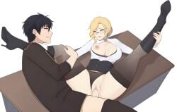 1boy 1girls 2d anos_voldigoad big_breasts black_hair blonde_hair blue_eyes blush boots breasts corset covered_nipples demon earring earrings female glasses glynda_goodwitch green_eyes high_heel_boots high_heels highres huge_breasts human leg_up legs male maou_gakuin_no_futekigousha neovixtadiz nipples non-web_source open_mouth rwby sex spread_legs straight tagme teacher_and_student third-party_edit white_background