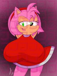 1girls amy_rose arms_behind_back clothed female female_only furry huge_breasts lipstick nipples_visible_through_clothing no_bra pranky sonic_(series) teasing