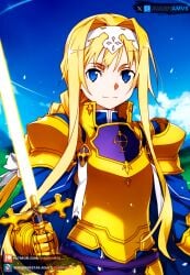 ai_generated alice_schuberg armor blonde_hair blue_eyes braided_hair day female juanpiamvs long_hair patreon patreon_username smiling subscribestar subscribestar_username sword sword_art_online watermark