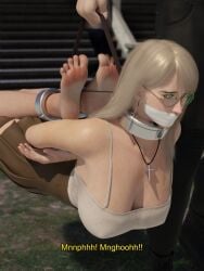 1boy 1girls 3d 3d_(artwork) ahe_gao barefoot black_choker blender blender_eevee blonde_hair blue_eyes bondage bound bound_ankles bound_wrists captured carrying carrying_another choker collar cross_earrings cross_necklace english_text eyes_rolling_back gag gagged glasses grace_(osimai) helpless huge_breasts human_luggage lip_piercing microfoam_tape nose_piercing nose_ring original_character osimai pleated_skirt skirt suspension tank_top tape tape_gag text