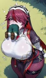 ai_generated artst:sleepyshark from_above genshin_impact huge_breasts huge_thighs mini_giantess rosaria_(genshin_impact) size_difference sleepyshark swallowed_whole swallowing venti_(genshin_impact) vore