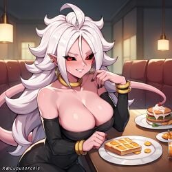 ai_generated android_21 black_dress black_sleeves blush dragon_ball_fighterz earrings looking_at_viewer lupusorchis majin_android_21 only_female pink_body pink_skin red_eyes restaurant sexy_dress smile_at_viewer white_hair