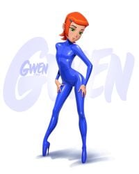 2d ballet_heels ben_10 cartoon_network catsuit character_name drew_gardner female footwear full_color ginger gwen_tennyson high_heels hips latex_suit no_penetration pinup skintight small_breasts solo solo_female tagme