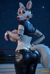 ai_generated animated anthro ass belt big_breasts bottomwear breasts canid canine choker clothing curvaceous curvy_figure female fishnet fishnet_armwear five_nights_at_freddy's five_nights_at_freddy's_2 fox furry huge_breasts jewelry leather leather_bottomwear leather_clothing leather_pants lips machine mammal mangle_(fnaf) narrowed_eyes navel necklace night pants rear_view shaking_butt shirt solo t-shirt tagme teasing thick_lips topwear video video vlrgromns voluptuous