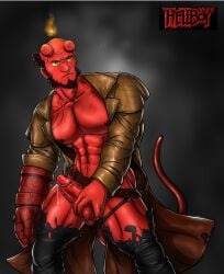 2lubkhland balls bara boner demon erection facial_hair hellboy hellboy_(series) male male_only muscles muscular penis ripped_clothing sideburns solo solo_male