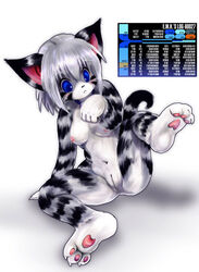 anthro blue_eyes breasts claws collar feline feline female fur grey_fur hair karin mammal markings nipples nude pawpads paws pussy short_hair sitting solo striped_fur stripes tetetor-oort text whiskers white_hair