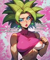 1girls ai_generated breasts caption dragon_ball green_hair kefla one_breast_out saucy_trove stable_diffusion tagme text