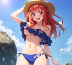 ai_generated blue_sky blush go-toubun_no_hanayome nakano_itsuki red_hair swimwear