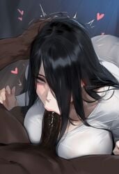 1boy 1girls ai_generated asian asian_female black_eyes black_hair blowjob cleavage cock_worship dark-skinned_male fellatio female hair_over_one_eye interracial large_penis long_hair mikayori oral sadako_yamamura tagme the_ring white_skin yamamura_sadako