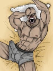 abs angry angry_face armpits balls bara bed boxers_(clothing) bulge bulge_through_clothing chest dornp erection gay hairless_armpits hand_on_head humanoid in_bed male_only monster muscular_male mutant nemesis_(resident_evil) non-human one_eye open_legs open_mouth pecs penis penis_under_clothes pillow precum precum_through_clothing resident_evil resident_evil_3 solo solo_male underwear underwear_only white_eyes