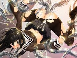 ass black_boots black_eyes black_hair black_pantyhose black_skirt blush boots censored crying cum cum_in_ass cum_in_pussy cum_on_clothes defeated double_penetration etsuraku_no_tane female frilled_panties frills game_cg headband helpless long_hair long_sleeves murasawa_itsuki panties pantyhose penetration restrained saliva school_uniform see-through slime_monster solo straight_hair sweat tears tentacle top-down_bottom-up torn_clothes torn_panties torn_pantyhose triple_penetration upside-down wendybell wet