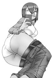 ass camera cellphone censored dark-skinned_female dark_skin eye_patch female gigi-chan monochrome panties pants_pull selfie shiri_ana_hiroge_tarou short_hair simple_background solo white_background white_panties