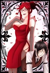 1boy 1girls big_breasts black_butler clothed clothed_female glasses grell_sutcliff kuroshitsuji namisiaa sebastian_michaelis sitting_on_person