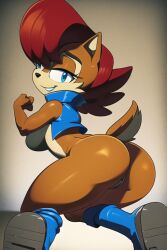 1girls ai_generated anthro archie_comics ass blue_eyes brown_hair chipmunk female looking_at_viewer mobian_(species) rodent sally_acorn smile sonic_(series) sonic_the_hedgehog_(archie)