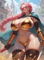 ai_generated athletic_female bare_legs bikini_armor blush braided_ponytail female female_only ganggang gigantic_breasts huge_breasts huge_thighs light-skinned_female light_skin long_hair looking_at_viewer massive_breasts one_piece orange_eyes pawg pink_hair rebecca_(one_piece) shounen_jump solo_female squatting sweat sweatdrop sword thick_thighs thighs thighs_bigger_than_head voluptuous voluptuous_female