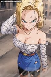 ai_generated aindroidparanoid android_18 ass big_breasts blonde_hair blue_eyes breasts busty city city_background city_destruction cleavage curvy dragon_ball dragon_ball_super dragon_ball_z hips huge_breasts large_breasts outdoors ripped_clothing short_hair slim_waist stable_diffusion straight_hair torn_clothes upset wide_hips