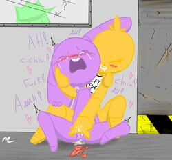 2girls animatronic avian bird blush bonnie_(fnaf) chica_(fnaf) chicken dialogue female fingering five_nights_at_freddy's lagomorph machine mammal masturbation mrmilky multiple_girls open_mouth orgasm pussy rabbit robot rule_63 spreading tears video_games weaver_bonnie yuri