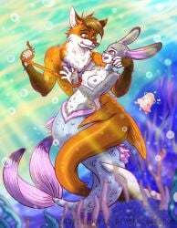 1boy 1girls ashdei breasts bunny disney female fish judy_hopps male mermaid nipple original rabbit sea shark tagme underwater werefox werefox_(artist) werefox_(character) zootopia