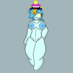 1girls blue_body blue_hair brawl_stars colette_(brawl_stars) female_only grey_background inspector_colette nipples pixel_art pumpkinz6 solo_female yellow_eyes