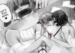 2boys a4th bandage bandaged_arm bandaged_arms bandaged_chest bandaged_leg bandaged_thigh bandages black_hair blood blood_stain bound bound_together brown_hair bungo_stray_dogs bungou_stray_dogs chain_leash chained chained_collar chains comic comic_panel crawling dark_hair dazai_osamu dialogue duo duo_focus duo_male fyodor_dostoevsky gag gagged gay grayscale greyscale leash leash_around_arm leash_pull male male/male male_focus male_only malesub osamu_dazai shared_gag smirk smirking_at_partner submissive submissive_male yaoi