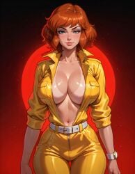 ai_generated april_o'neil april_o'neil_(tmnt_1987) bodysuit cleavage fr34ky huge_breasts navel red_head tanlines tmnt_1987