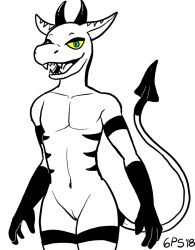 60percentscalie anthro blue_eyes demon digital_media_(artwork) female flat_chested genitals horn looking_at_viewer markings mythological_creature mythological_scalie mythology navel nude nude_anthro nude_female open_mouth pointed_tail pussy scalie simple_background solo spade_tail standing stelis tail teeth yellow_sclera