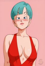 1girls ai_generated blue_eyes blue_hair blushing_at_viewer breasts bulma_briefs dragon_ball dragon_ball_super dragon_ball_z mrfluffypotato red_dress solo