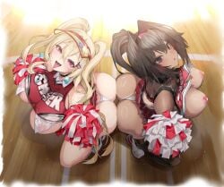 2girls areola_slip ass ass_to_ass bay_(nikke) black_choker black_hair blonde_hair blush breasts cheerleader choker clay_(nikke) closed_mouth from_above goddess_of_victory:_nikke highres holding holding_pom_poms large_breasts long_hair looking_at_viewer looking_up multiple_girls open_mouth pom_pom_(cheerleading) pom_poms ponytail red_eyes satou_daiji smile tongue tongue_out