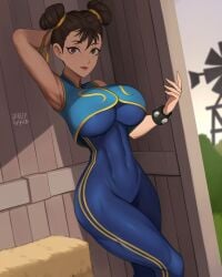 1girls barleyshake bodysuit bracelet breasts brown_eyes brown_hair chun-li clothed_female double_bun fit_female hair_bun hourglass_figure large_breasts light-skinned_female outdoors slim_waist street_fighter thick_thighs wide_hips