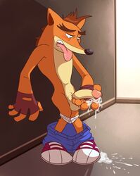 1boy 2015 after_masturbation anthro balls bandicoot black_nose blue_shorts blush blushing briefs briefs_down brown_eyebrows brown_fingerless_gloves brown_gloves brown_hair color crash_(series) crash_bandicoot crash_bandicoot_(series) cum cum_drip cum_on_ground cum_on_hand cum_stain fingerless_gloves fur furry furry_only gloves green_eyes humanoid_penis male male_focus male_only mammal marsupial masturbation orange_fur penis red_shoes red_sneakers shoes shorts shorts_down sneakers solo solo_male tan_fur teeth teeth_visible testicles thegreatmatsutzu tongue tongue_out underwear underwear_down video_games white_briefs white_underwear