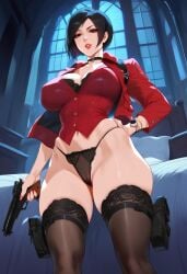 2d ada_wong ai_generated black_hair capcom choker gun guns indoors jacket night panties red_jacket resident_evil short_hair solo solo_female solo_focus tagme