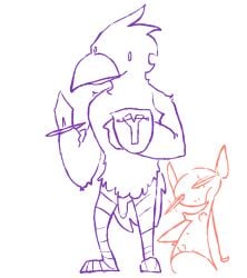 anthro avian balls beak bird breasts casual_nudity closed_frown closed_smile colored_line_art digital_media_(artwork) duo empty_eyes eyelashes feathers featureless_feet feet female fingers flaccid full-length_portrait genitals goblin goblin_female hand_on_hip holding_melee_weapon holding_object holding_shield holding_sword holding_weapon humanoid innie_pussy larger_anthro larger_male male medium_breasts melee_weapon mouth_closed navel nipples nude orange_line_art penis portrait pupils purple_line_art pussy restricted_palette shield simple_background size_difference smaller_female smaller_humanoid smile standing sword tail tail_feathers the_weaver weapon white_background